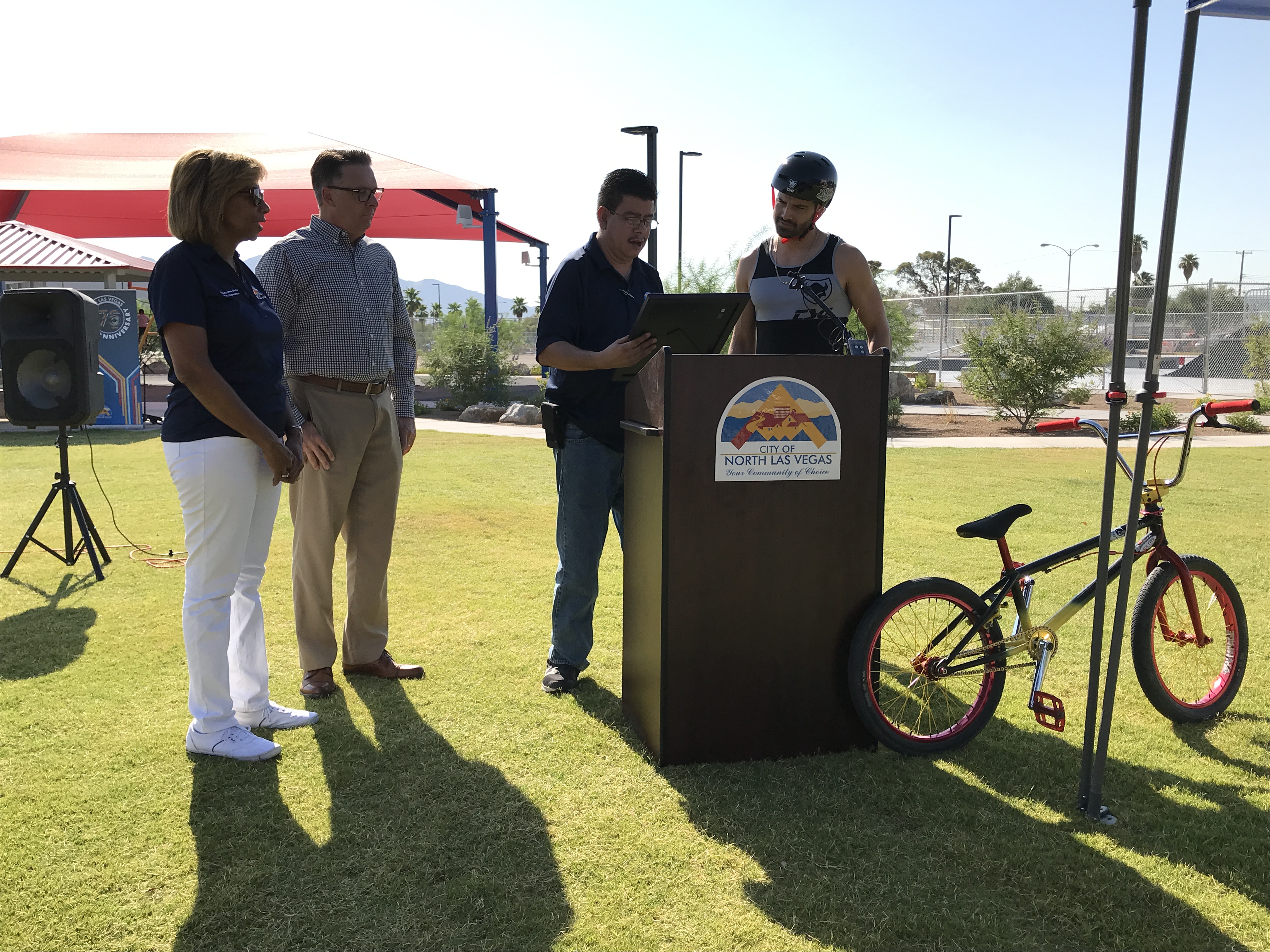 North Las Vegas city councilmembers present BXM pro Ricardo Laguna with a proclamation on Monday, Aug. 2, 2021